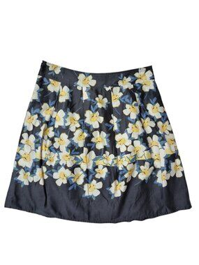 Floral Knee Length A-Line Skirt Gray Yellow Cotton Women's Size 12